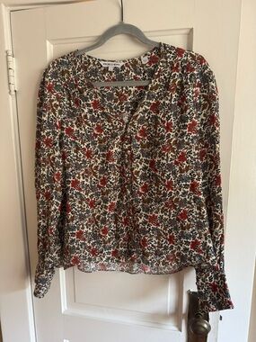 Veronica Beard Cream Blouse with Red & Blue Floral Print